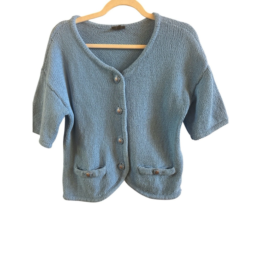 Talbots Bright Blue Woman's Size Extra Small Knit Short Sleeve Cardigan  Buttons